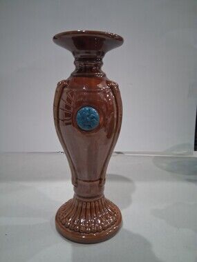 Vtg Bombay Co. Candle Holder; Brown Ceramic with Blue Stone Detail!